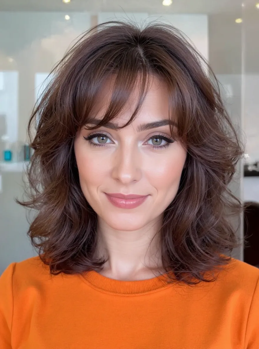 Flowing Layered Lob with Rich Chestnut Brown Waves